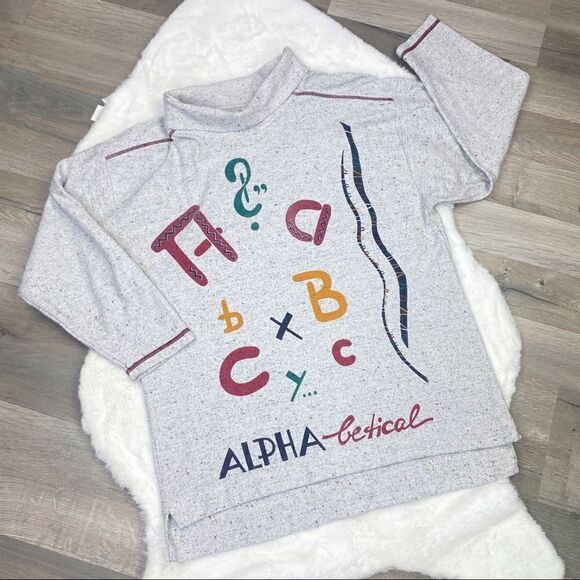 Teacher Alphabet French Terry Mock Neck Tunic Sweater  Gray Multi Large - Picture 1 of 9
